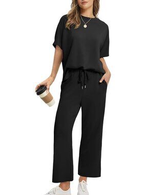 Women's Black Two Piece Summer Outfits Oversized Wide Leg Crop Pants Lounge Set